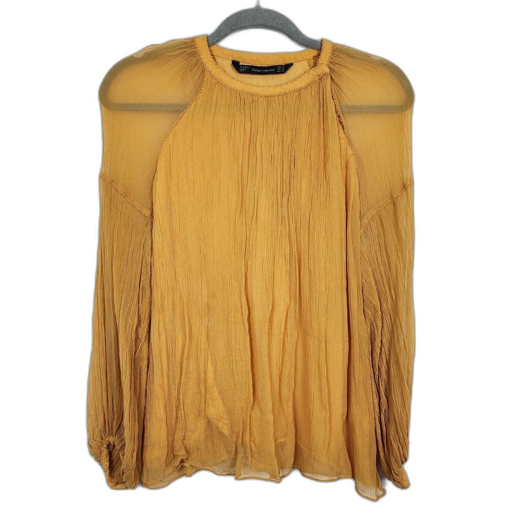 Zara Trafaluc Beaded Mustard Blouson Blouse Size XS